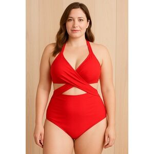 Womens Swimsuit Size L Red One Piece Halter Crisscross Resortwear Beach Summer‎